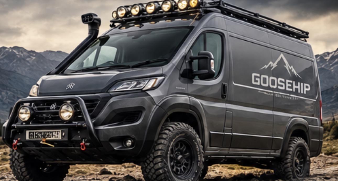 GOOSEHIP-liveried Peugeot Boxer overlander with roof rack, spot light bar, snorkel, bull bar, extended arches and all-terrain tyres in the mountains