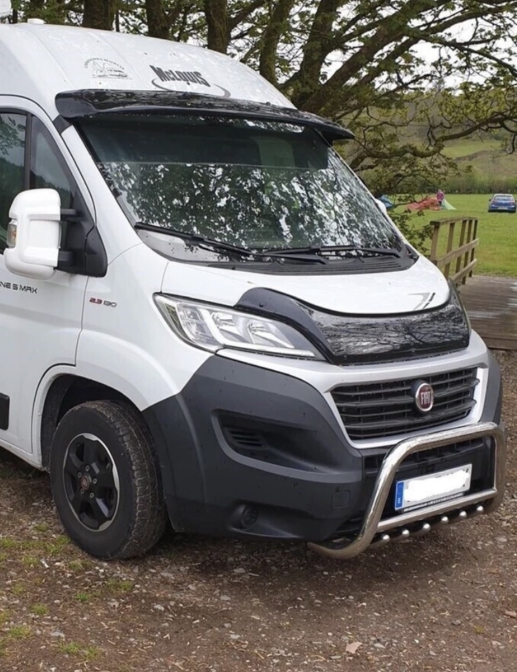 Stainless bull bar and bonnet protector fitted to a white Fiat Ducato