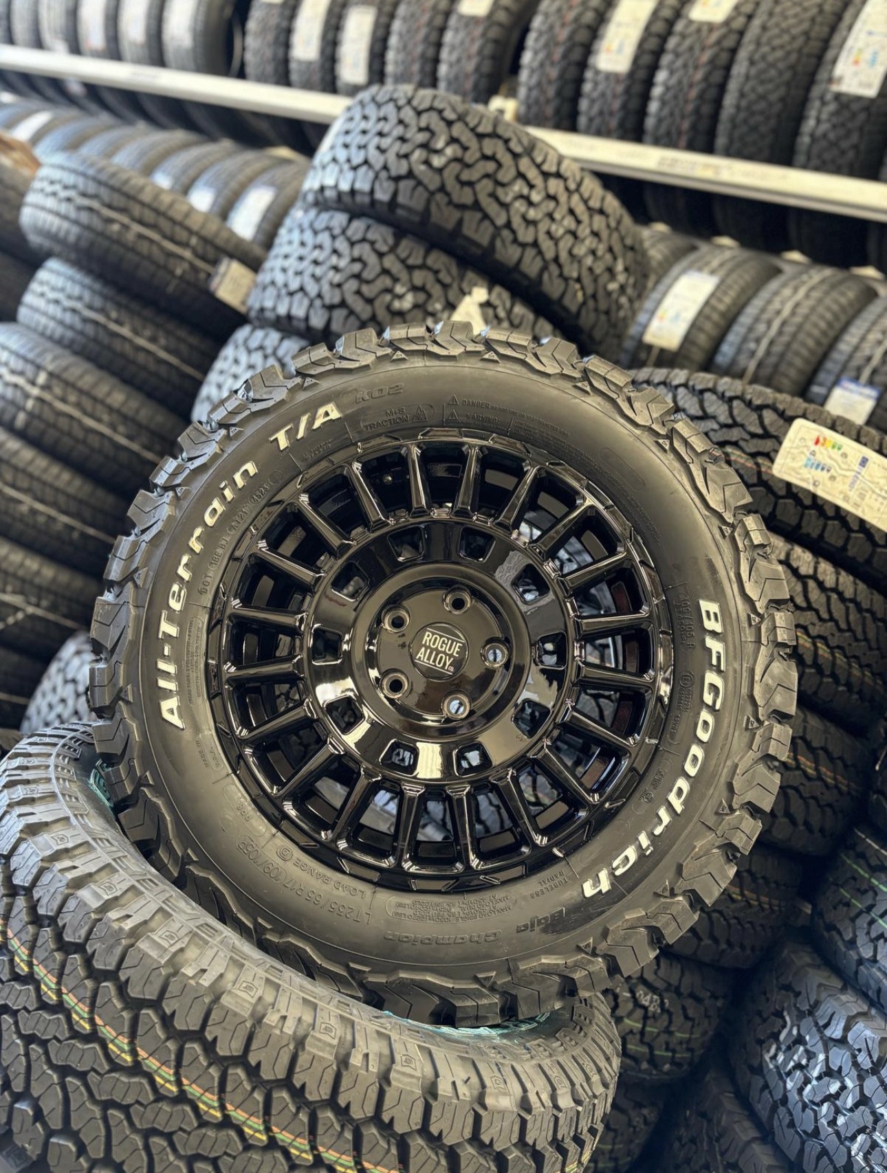 16 inch LCX gloss black Rogue Alloy wheel on BFGoodrich All-Terrain T/A tyre